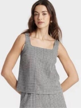 NWT Gingham Square-Neck Linen Blend Tank